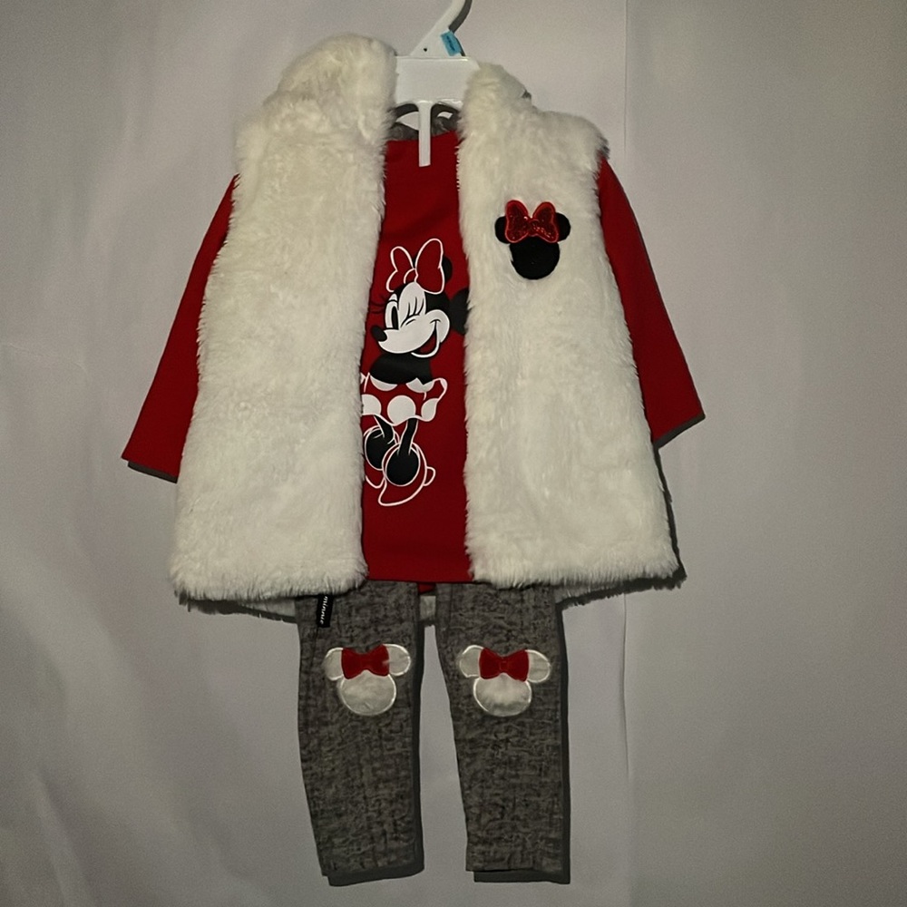 Disney Junior 3-Pcs Faux Fur Vest Hoodie with Top & Leggings size 18 Months